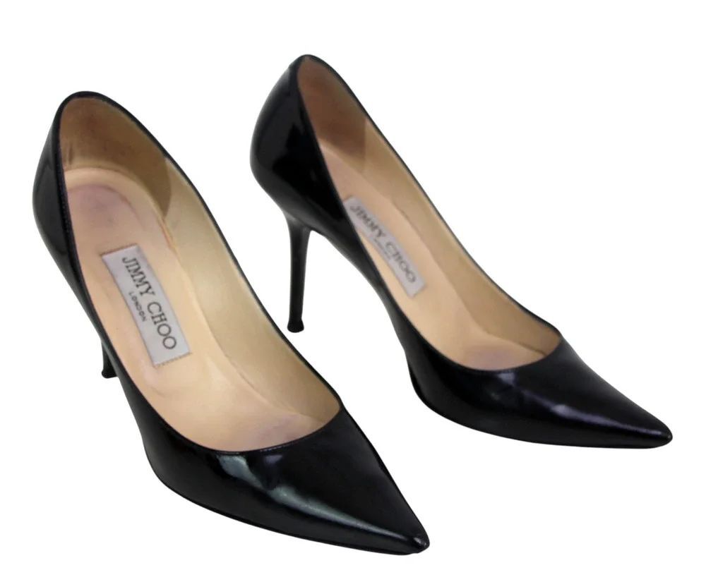 Jimmy Choo BLACK GENUINE LEATHER HIGH HEEL POINTED CLASSIC PUMP SHOES Sz 36